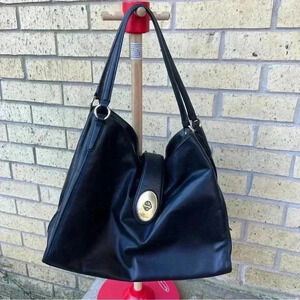 Coach solid black leather gold hardware 3 section shoulder bag purse